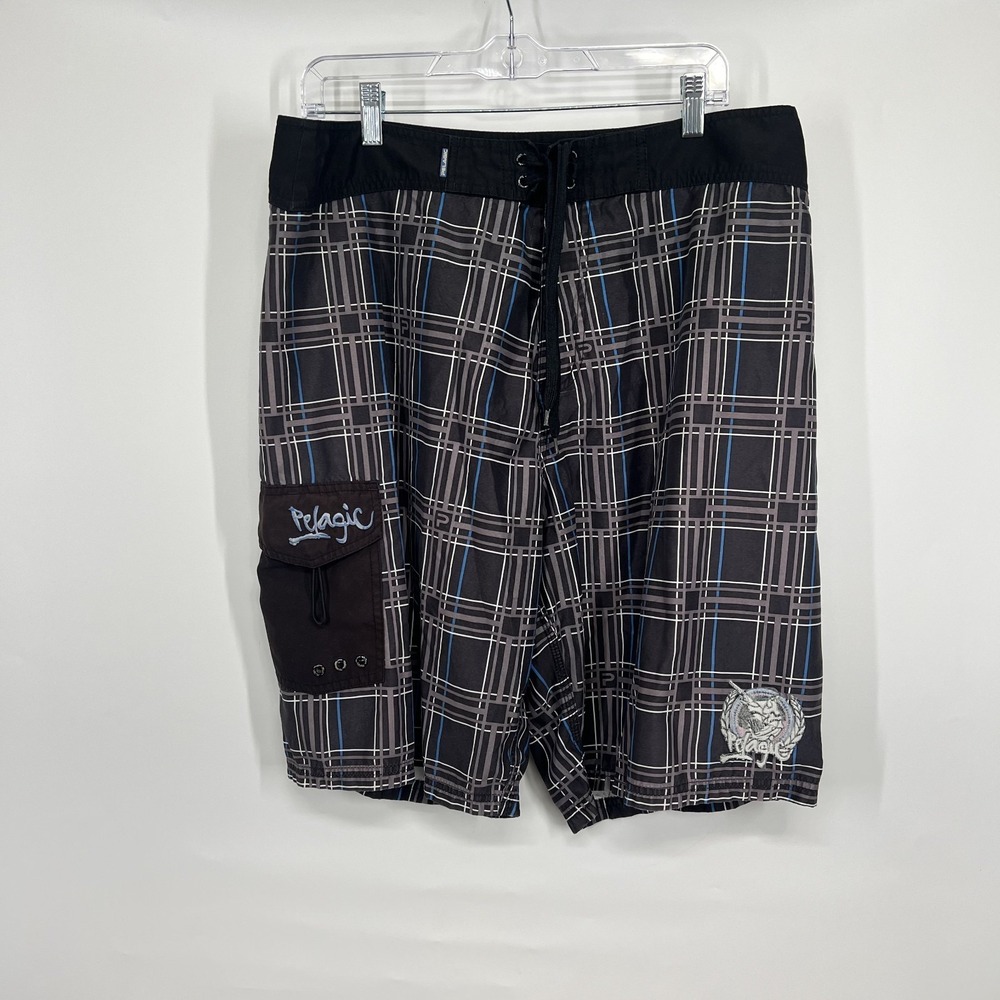 Pelagic Hybrid Shorts Mens 36 Fishing Black Plaid Swimming Trunks Pockets Board